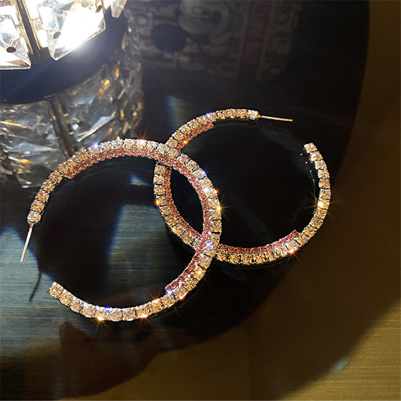 PINK ROUND RHINESTONE HOOP EARRINGS
