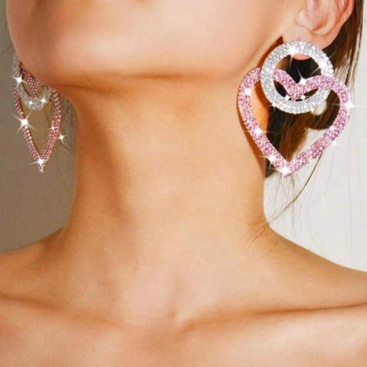 PINK & SILVER HEART CRYSTAL DROP EARRINGS