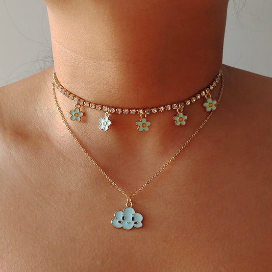 BLUE - CLOUD DAISY FLOWER RHINESTONE NECKLACE