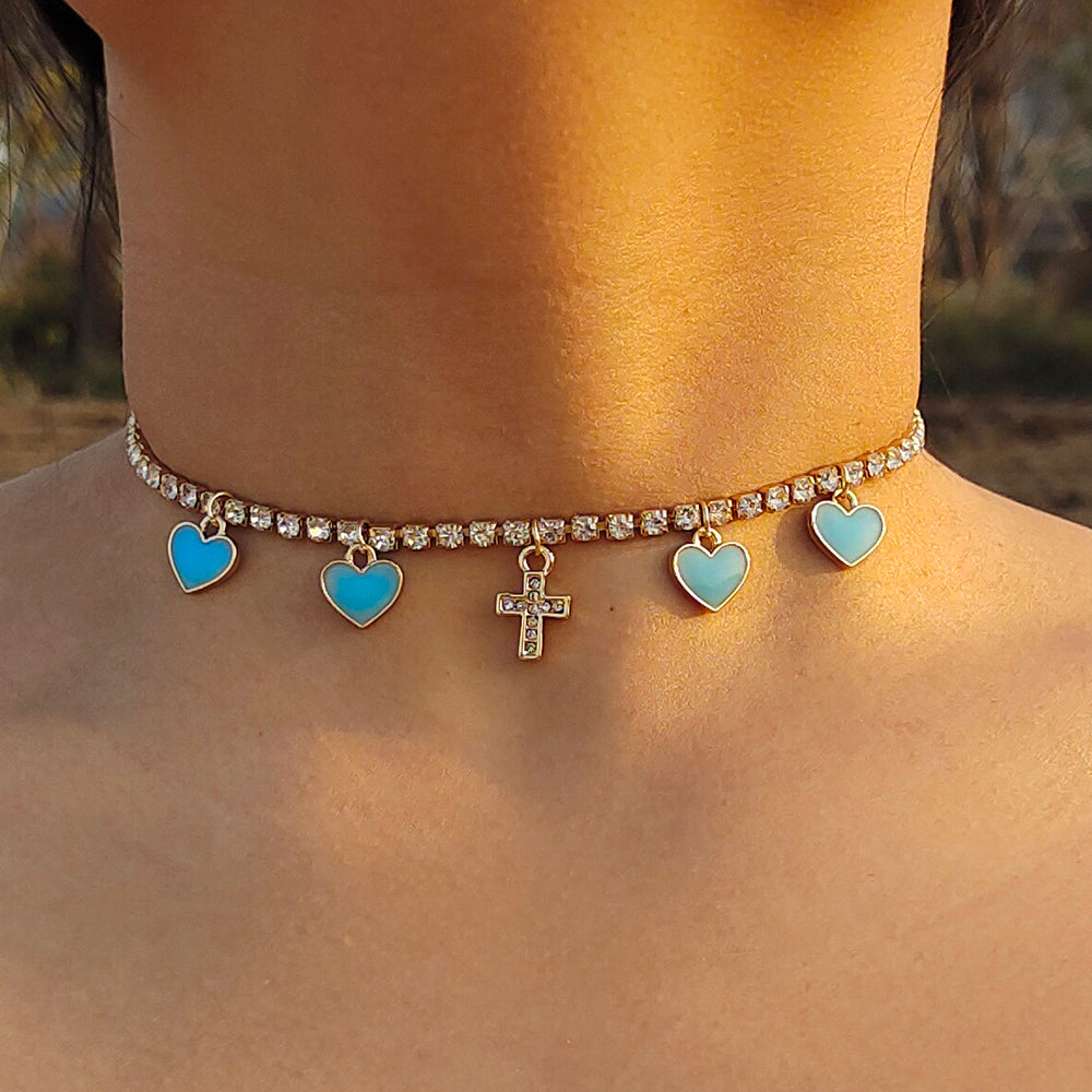 BLUE - HEART CROSS RHINESTONE NECKLACE