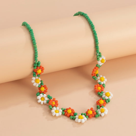 GREEN - FLOWER BEED CHAIN CHOKER NECKLACE