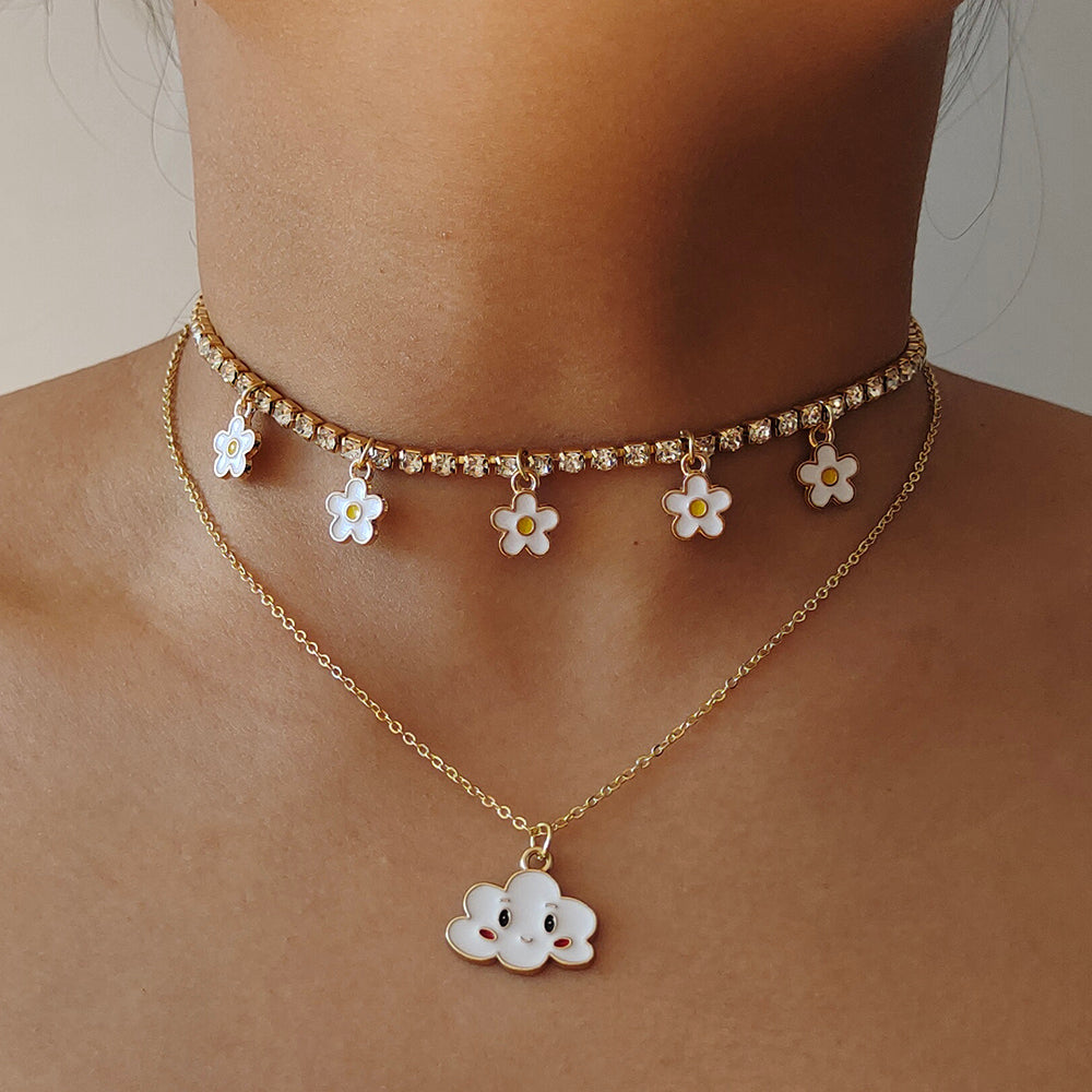 WHITE - CLOUD DAISY FLOWER RHINESTONE NECKLACE