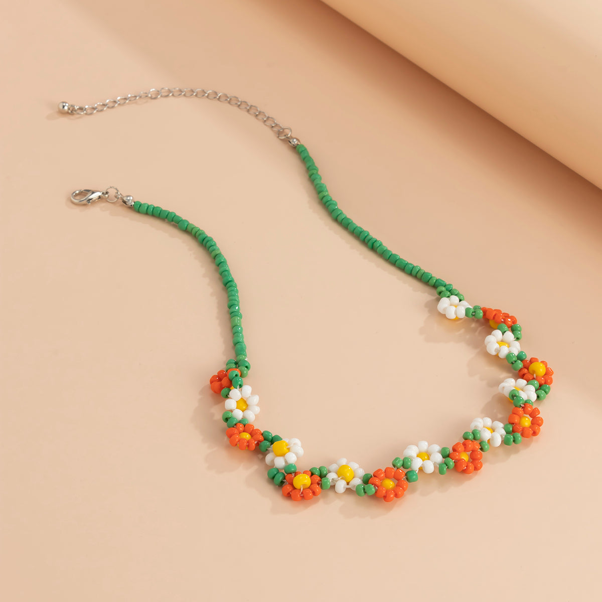 GREEN - FLOWER BEED CHAIN CHOKER NECKLACE