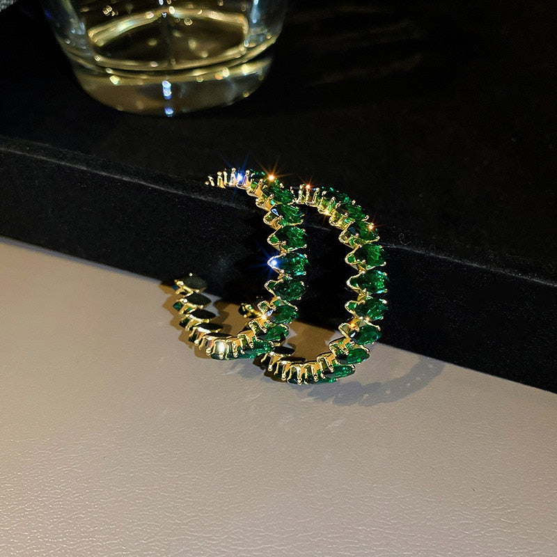 ROUND GREEN CRYSTAL HOOP EARRINGS