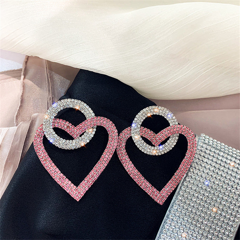 PINK & SILVER HEART CRYSTAL DROP EARRINGS