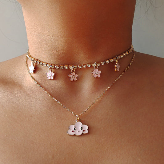 PINK - CLOUD DAISY FLOWER RHINESTONE NECKLACE