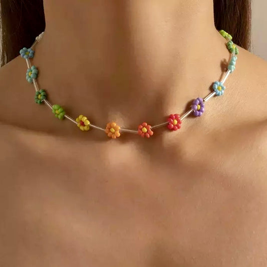 RAINBOW - FLOWER BEED CHAIN CHOKER NECKLACE